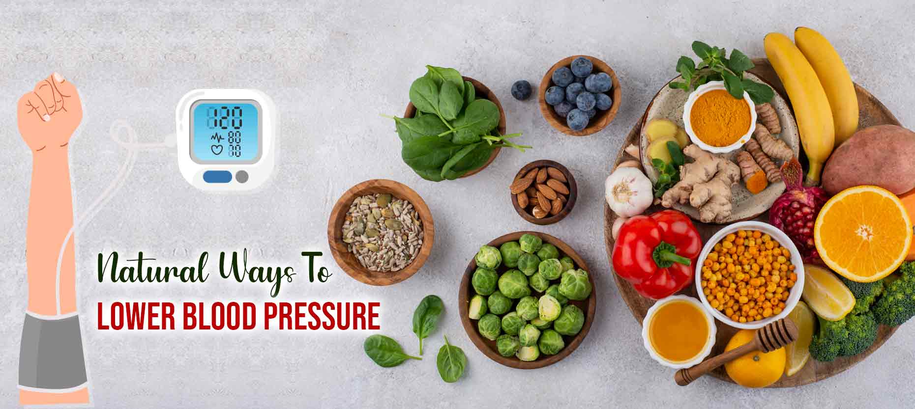 Natural ways to lower blood pressure, showing a blood pressure monitor alongside heart-healthy foods