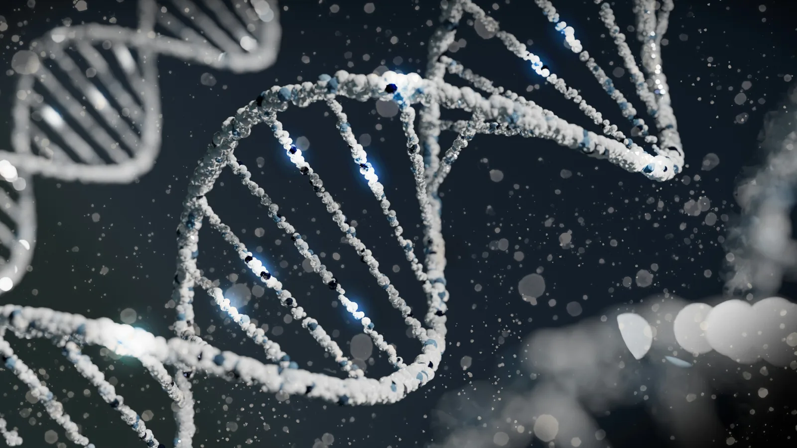 Illustration of DNA double helices against a dark background