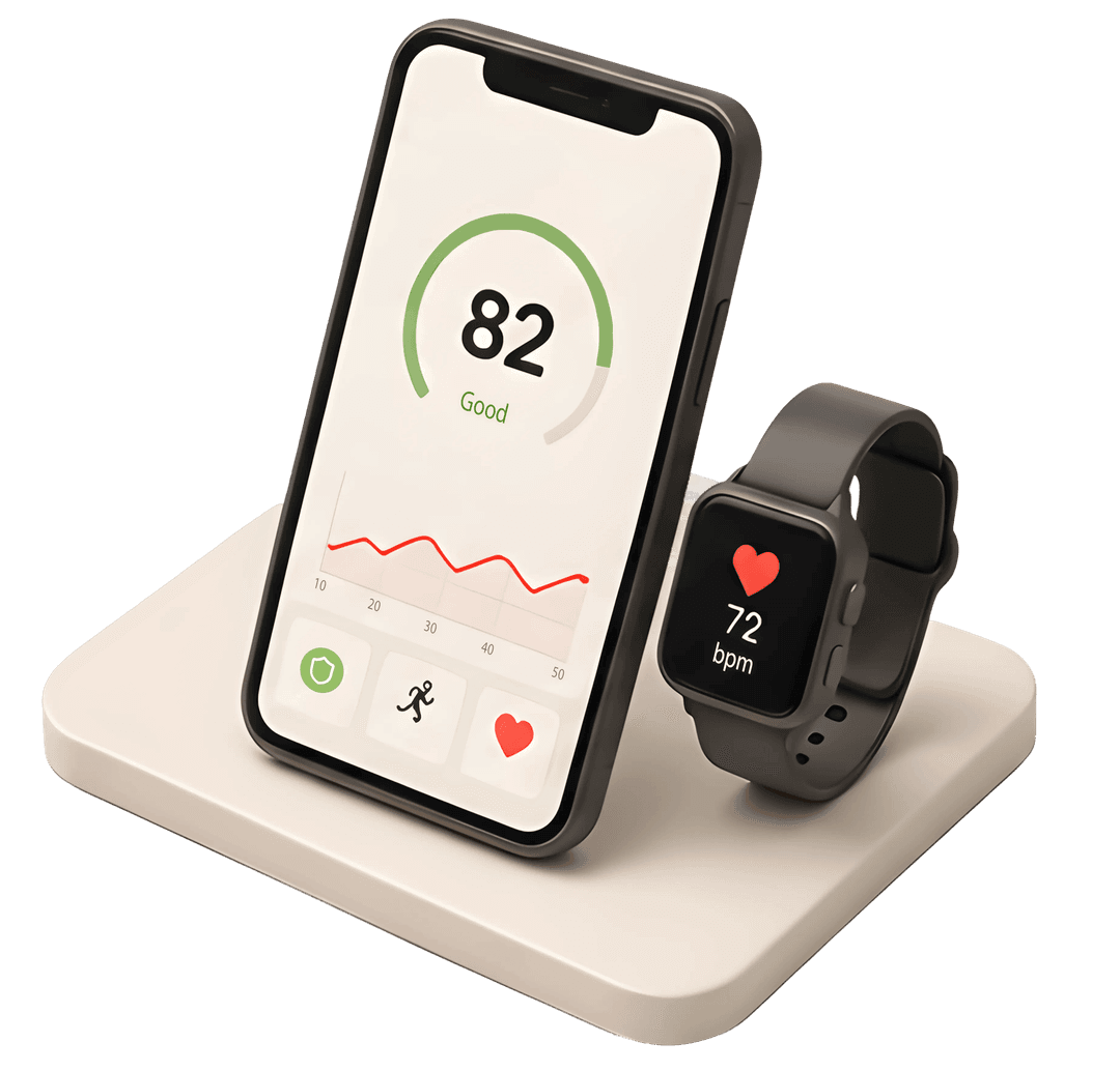 Phone and smartwatch showing Heart Health Score and progress tracking