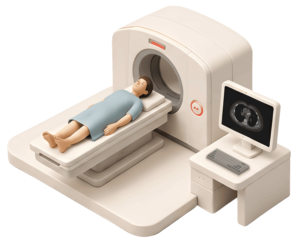 Patient undergoing a coronary CT scan with heart imagery on screen