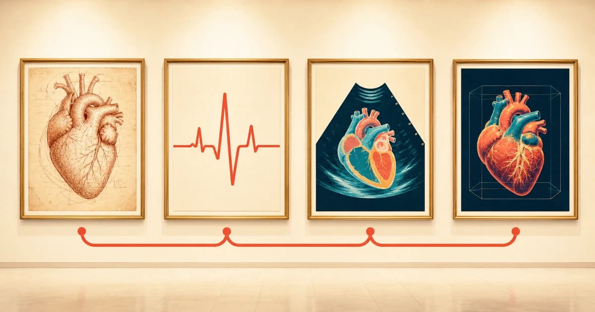 Four framed museum exhibits trace heart disease detection from an anatomical heart drawing and ECG to ultrasound and a 3D cardiac scan