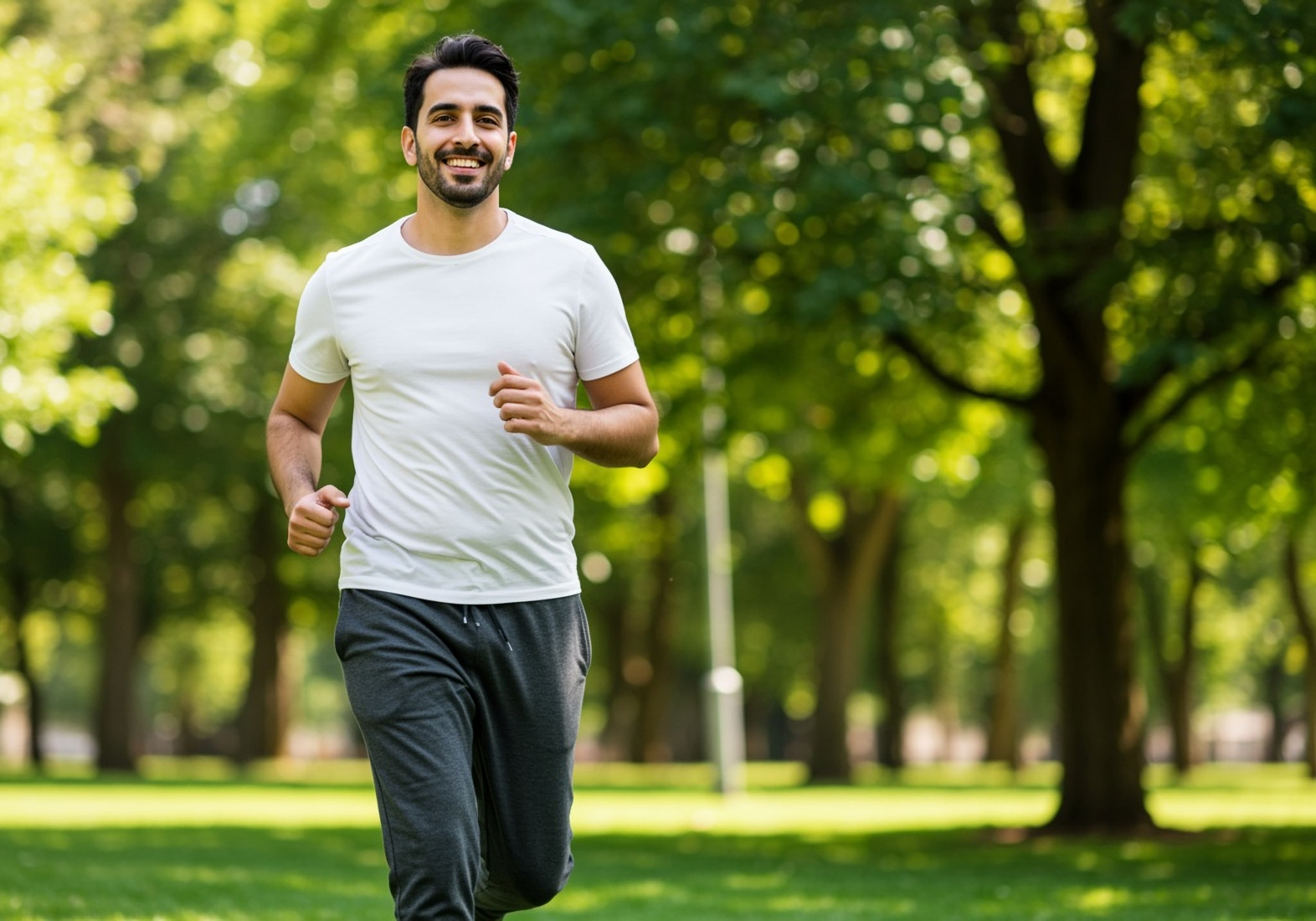 A South Asian man jogging through a sunlit park, smiling softly.