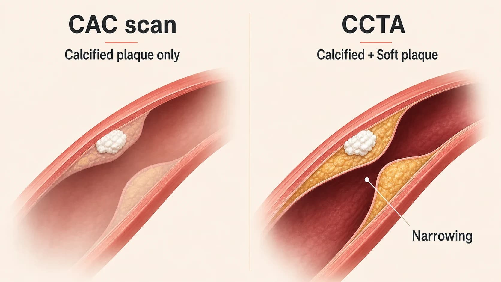 Comparison showing that a CAC scan measures calcified plaque while a CCTA can show calcified plaque, soft plaque, and narrowing