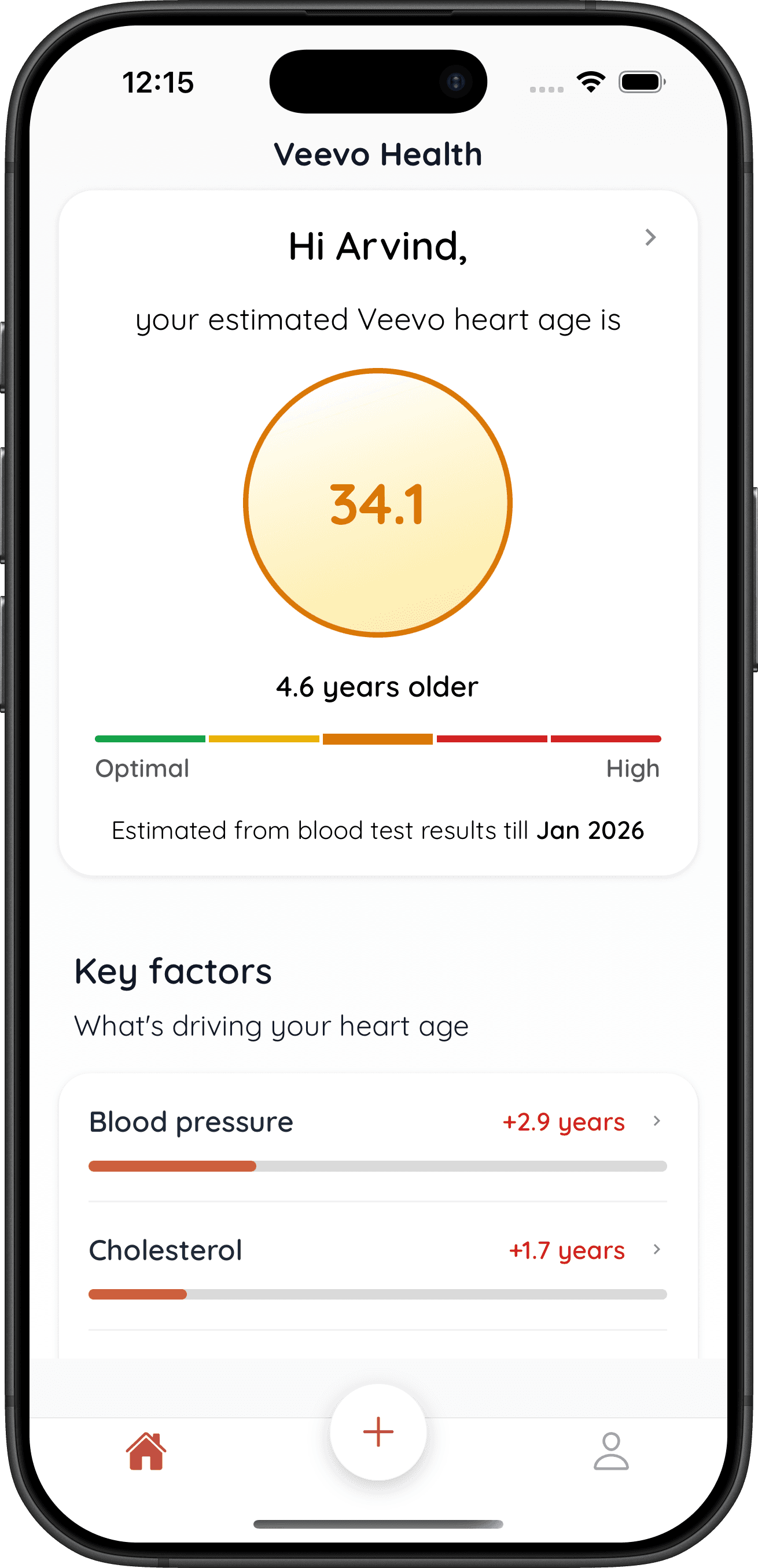 Veevo app screen showing estimated heart age