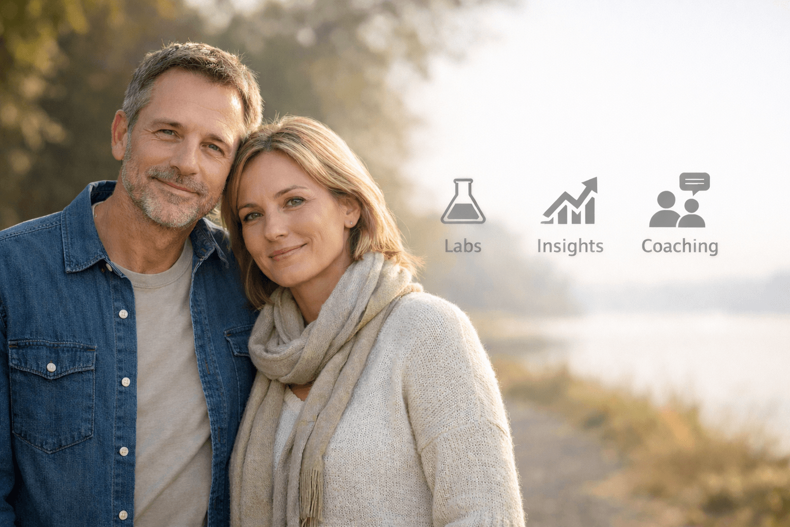 A couple feeling reassured, with simple icons for Labs, Trends, and Coaching—capturing clarity, progress, and support.