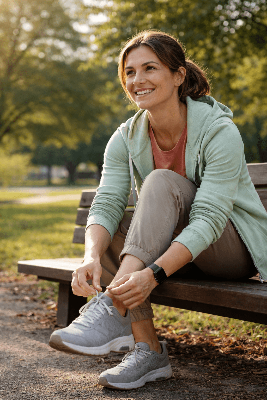 Woman tying her shoe, ready for exercise